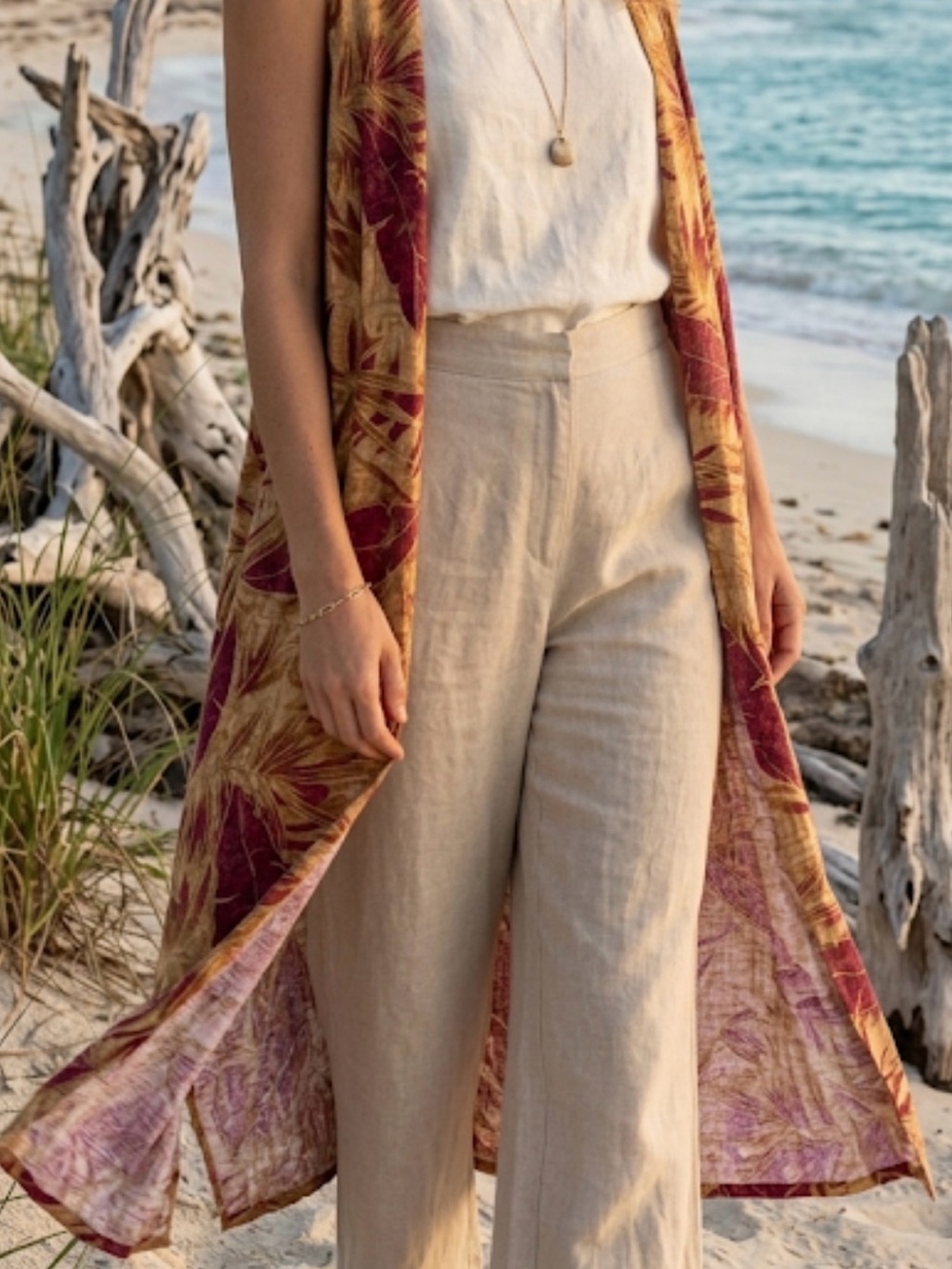 Tropical Leaf Print linen/rayon Maxi kimono sleeveless Mustard & Berry‎ 20w boho